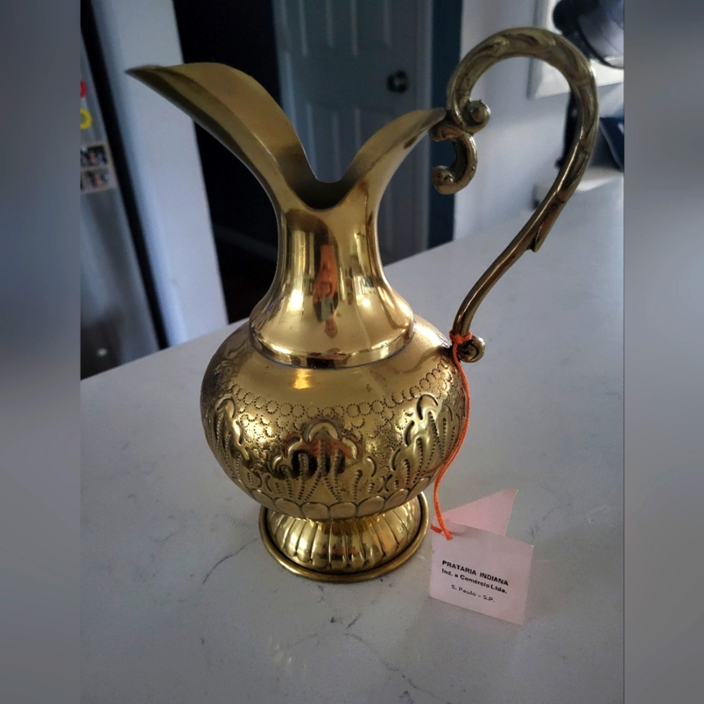 Vintage brass pitcher from India, with tag